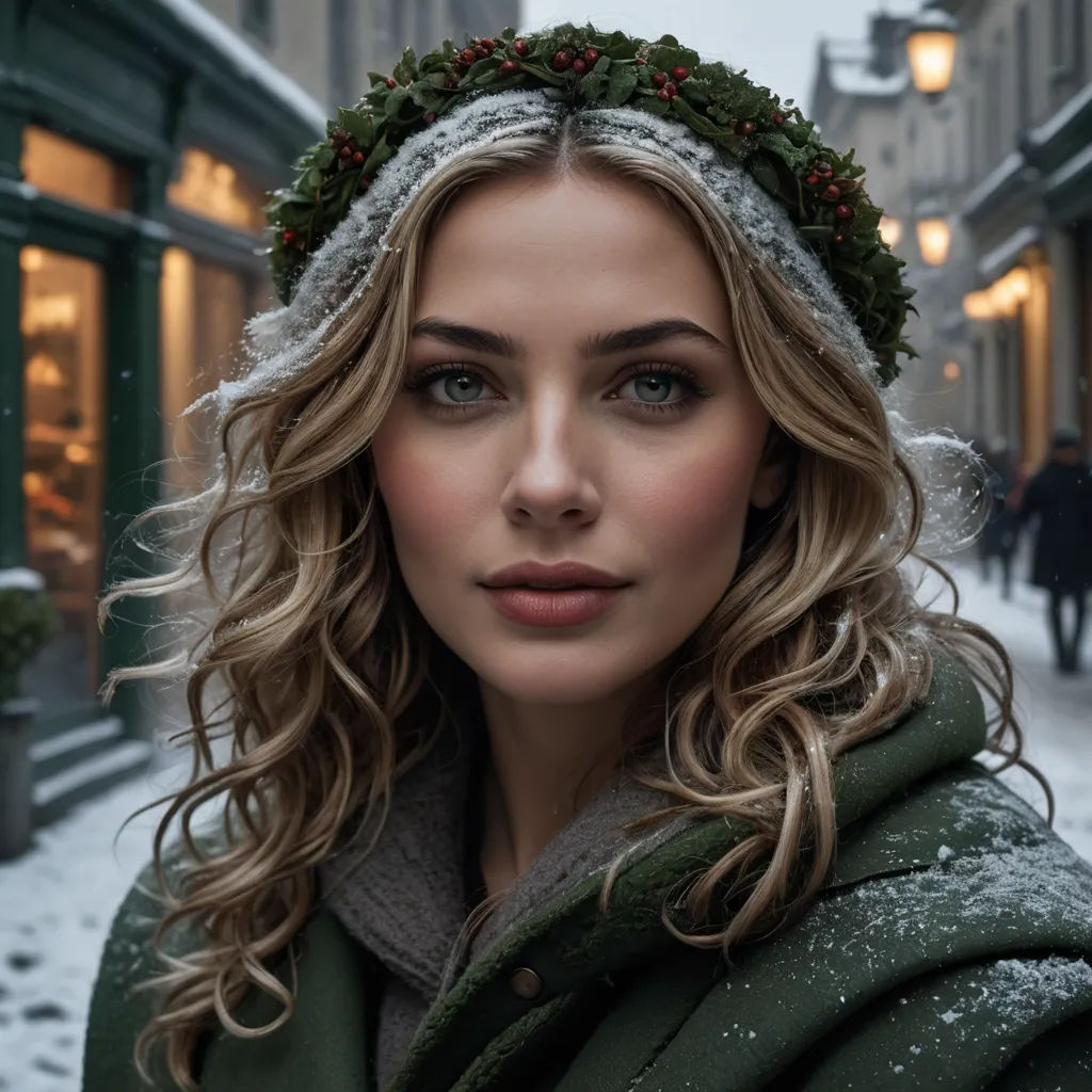a woman with a wreath on her head in the snow in a city street with buildings and people in the background, photorealism, a photorealistic painting, Didier Mouron, canon eos r 3