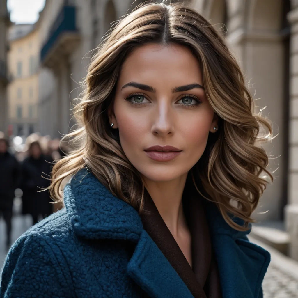 a woman with a blue coat on is looking at the camera and she is wearing a brown scarf and a black shirt, aestheticism, a photorealistic painting, Elena Guro, perfect face
