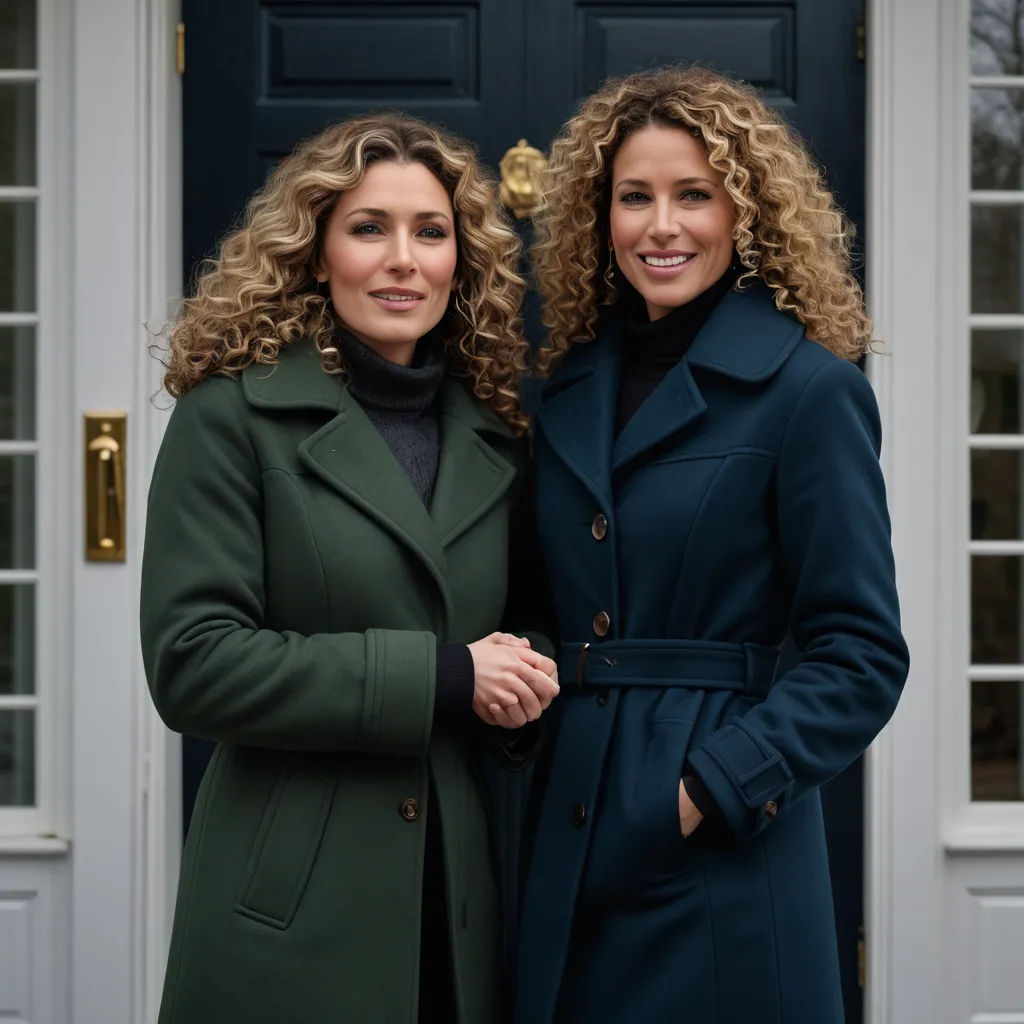 two women standing next to each other in front of a door with a blue door and a black door, private press, a digital rendering, Evelyn Abelson, promotional image