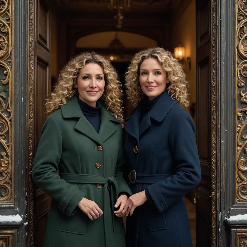 two women standing in a doorway with their hands in their pockets and their hands in their pockets, both wearing coats, private press, a flemish Baroque, Christian Hilfgott Brand, promotional image