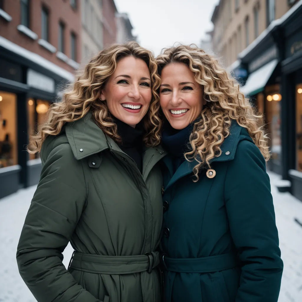 two women standing next to each other in front of a building on a snowy day with a green coat on, private press, a stock photo, Ella Guru, symmetrical facial features