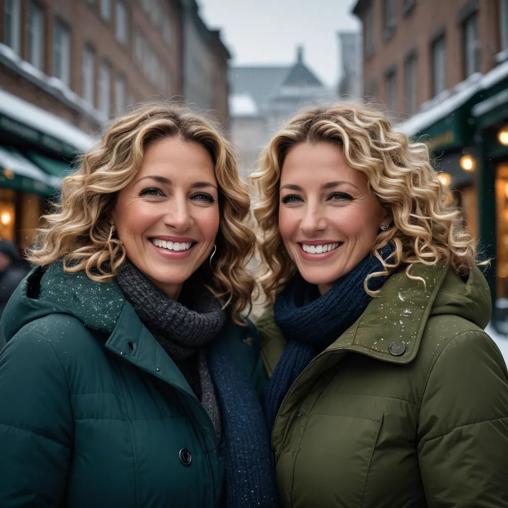 two women standing next to each other in front of a building with snow on the ground and a green coat, antipodeans, a flemish Baroque, Eugeen Van Mieghem, promotional image