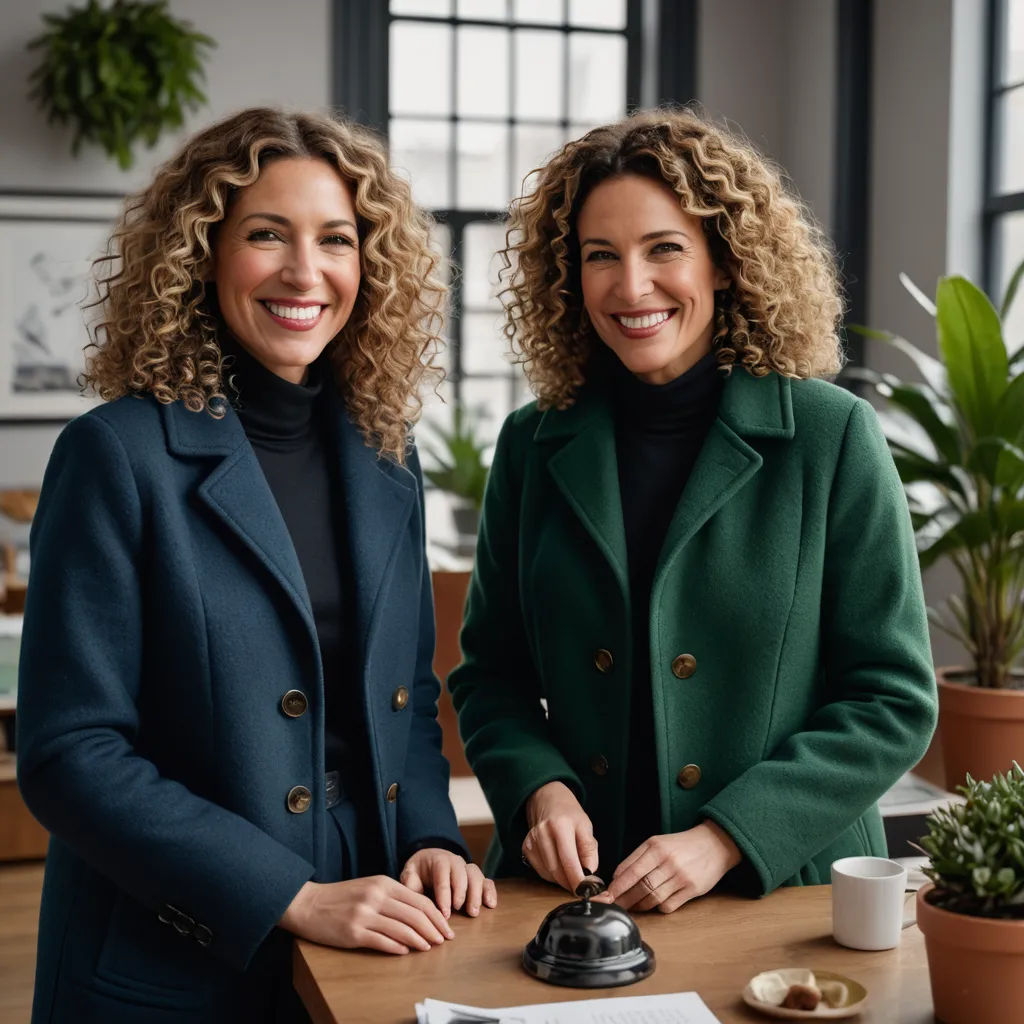 two women standing next to each other in front of a desk with a phone on it and a plant, private press, a stock photo, Evelyn Abelson, promotional image