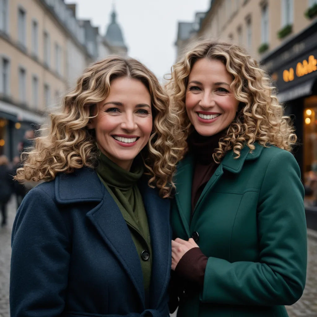 two women standing next to each other in front of a building with a clock tower in the background and a cobblestone street, private press, a photocopy, Anna Maria Barbara Abesch, promotional image