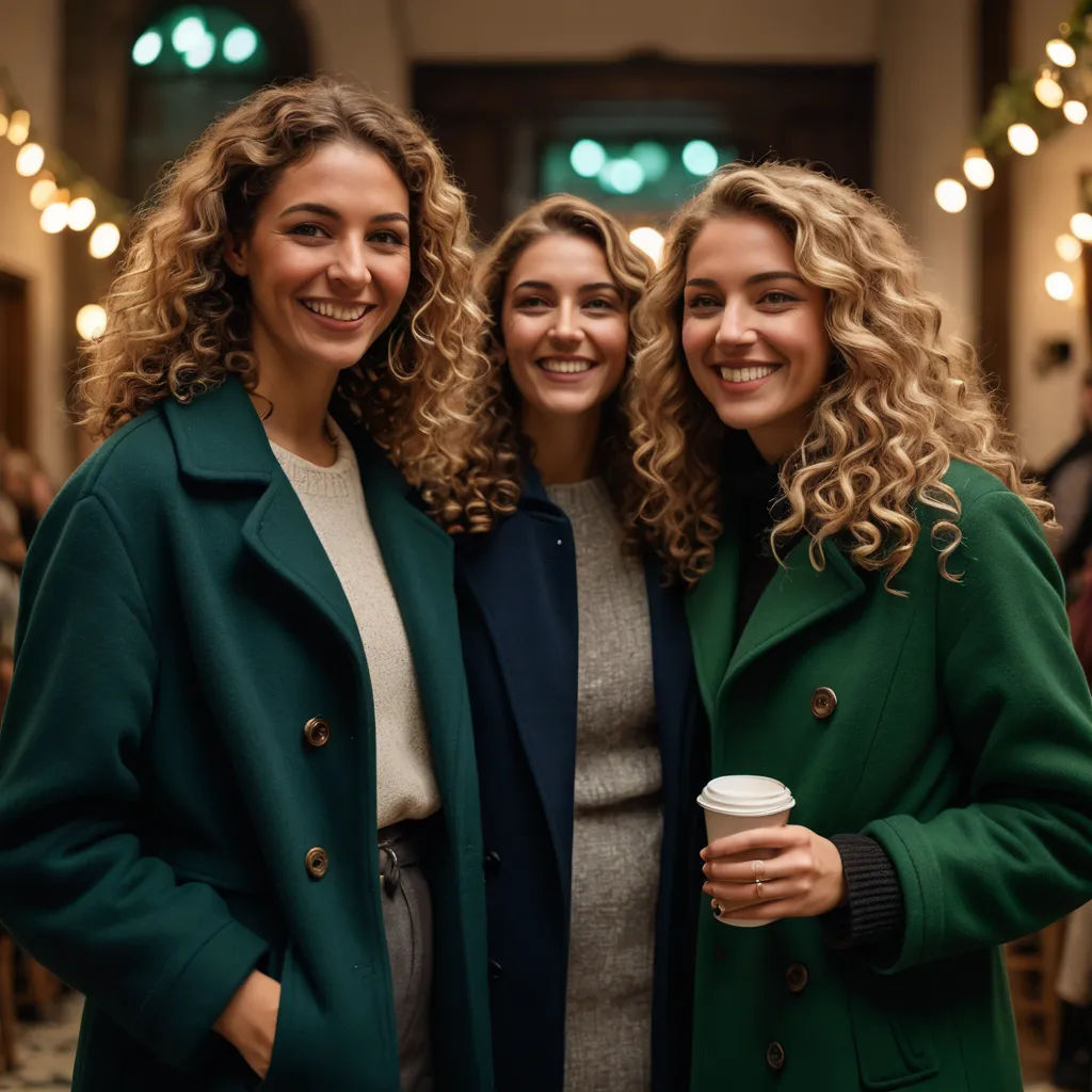 two women standing next to each other holding a cup of coffee and smiling at the camera while wearing green coats, private press, a stock photo, Christian Hilfgott Brand, promotional image