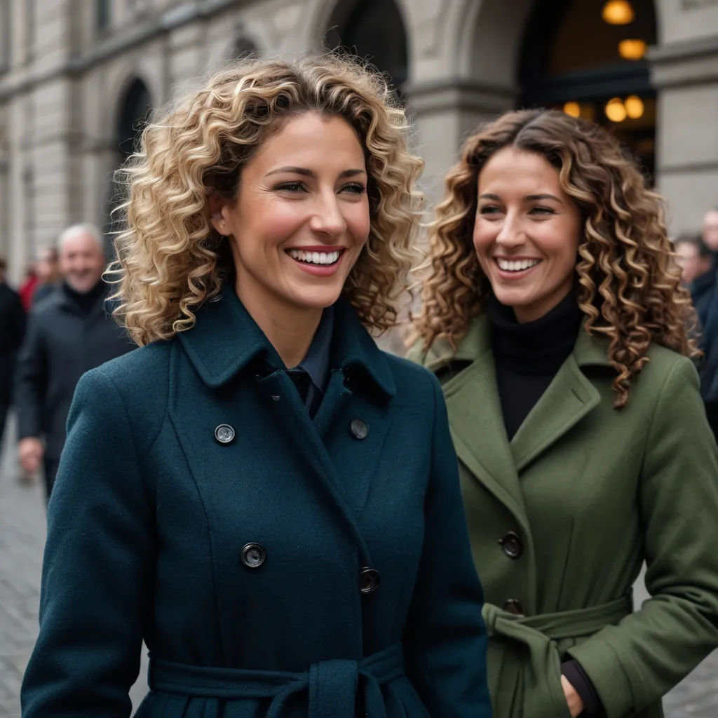 two women standing next to each other in front of a building with people walking around them and smiling at the camera, private press, a stock photo, Caroline Lucy Scott, promotional image