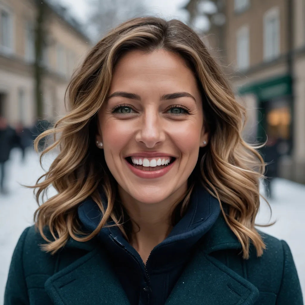 a woman smiling in front of a building in the snow with a green coat on and a blue jacket on, private press, a stock photo, Alison Geissler, profile picture