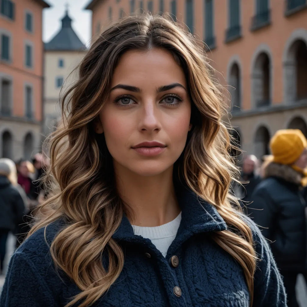 a woman with long hair and a blue jacket on in front of a crowd of people in a city, aestheticism, a portrait, Caro Niederer, perfect face