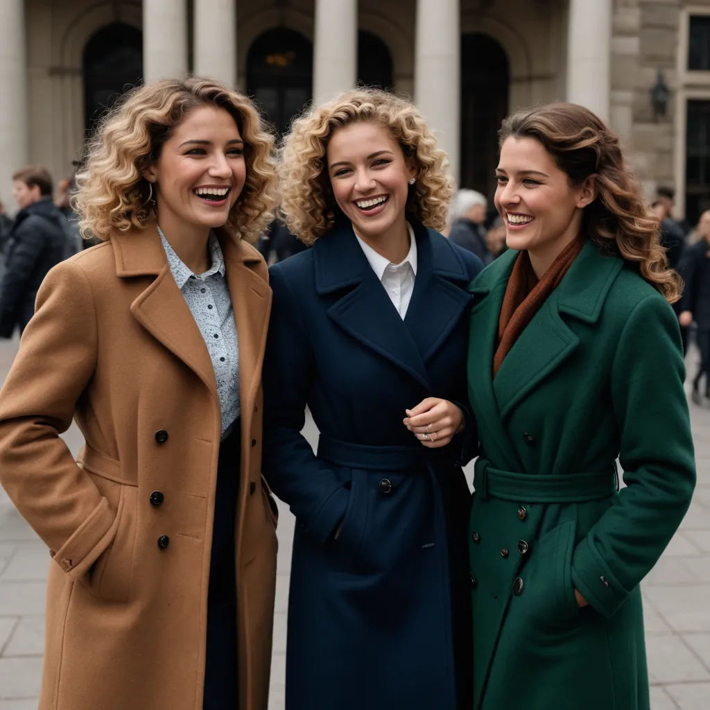 three women standing next to each other smiling for the camera, with a building in the background and people walking around, private press, a stock photo, Christian Hilfgott Brand, promotional image