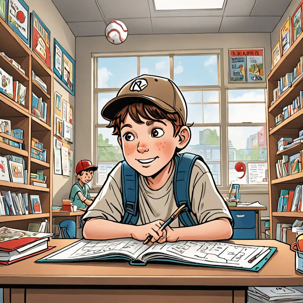 a boy is sitting at a desk in a library with a book and a baseball cap on his head, Asaf Hanuka, process art, a storybook illustration, storybook illustration