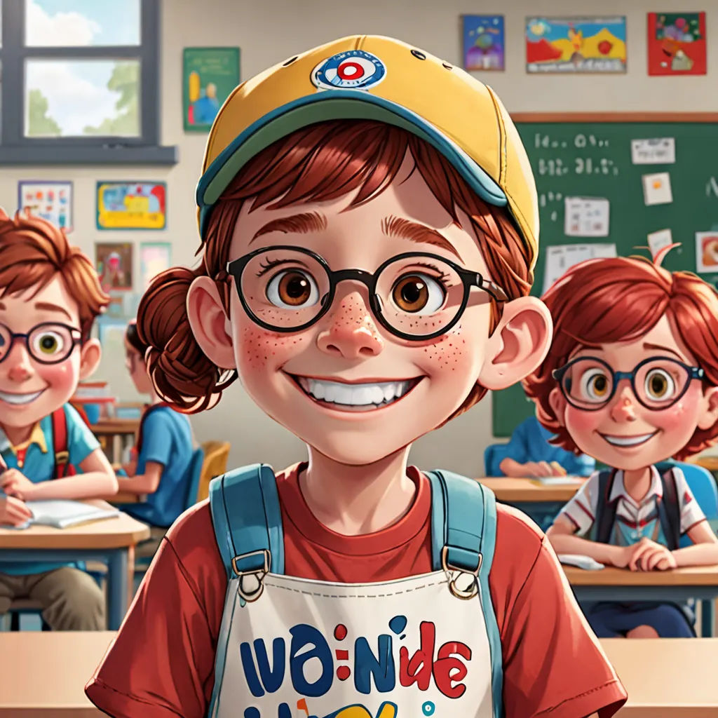 a cartoon of a boy with glasses and a hat on in front of a classroom full of children with books, Ada Gladys Killins, verdadism, a storybook illustration, high detail illustration