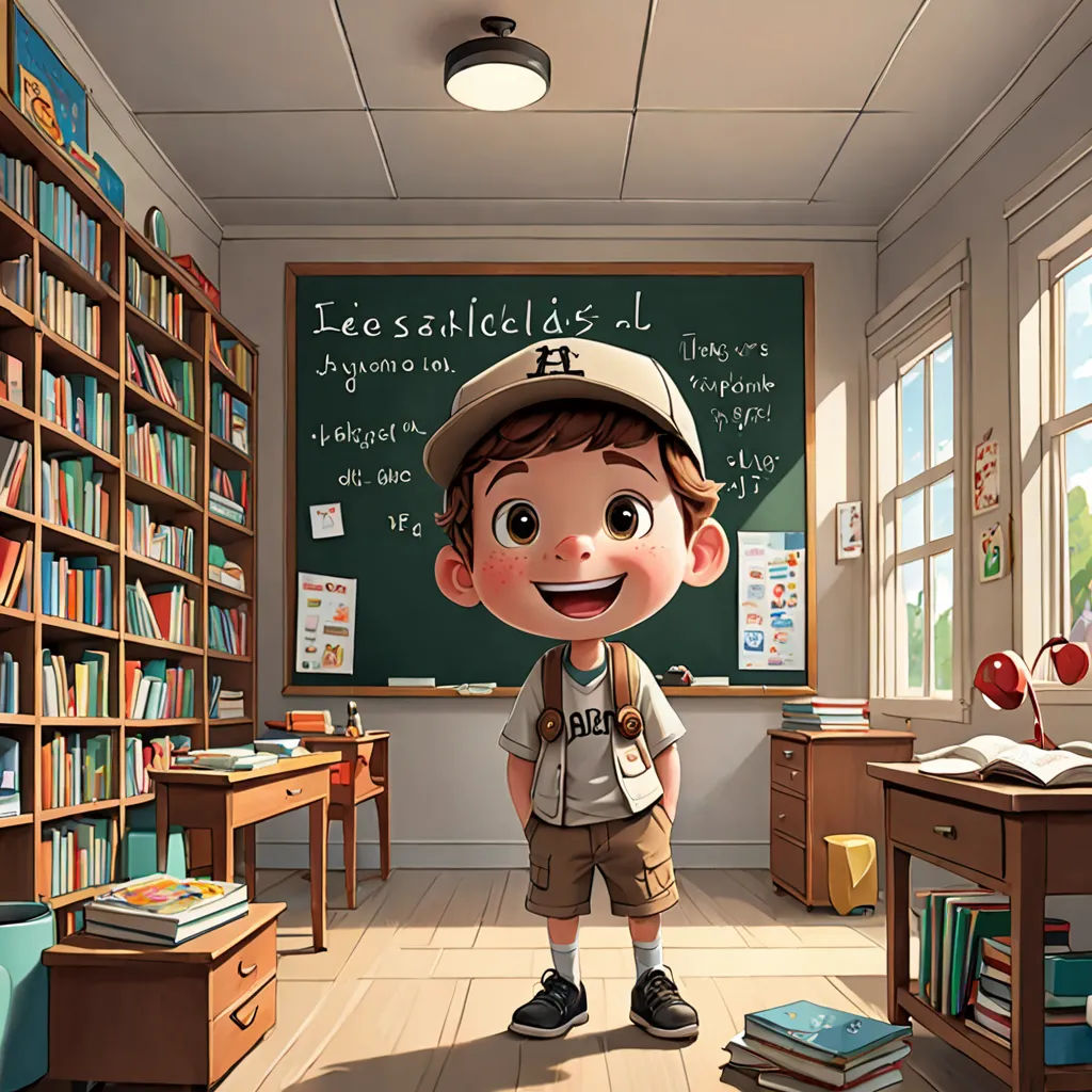 a boy in a classroom with a chalkboard and bookshelves in the background and a chalkboard with a cartoon character on it, Diego Gisbert Llorens, art & language, a storybook illustration, rossdraws global illumination