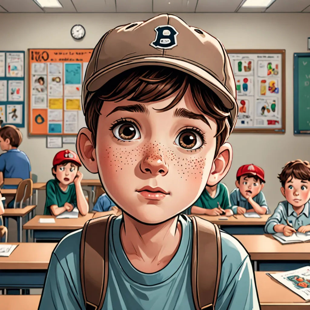 a boy in a baseball cap is sitting in front of a classroom full of children with a lot of books, Aaron Jasinski, hyperrealism, a comic book panel, ultra realistic illustration