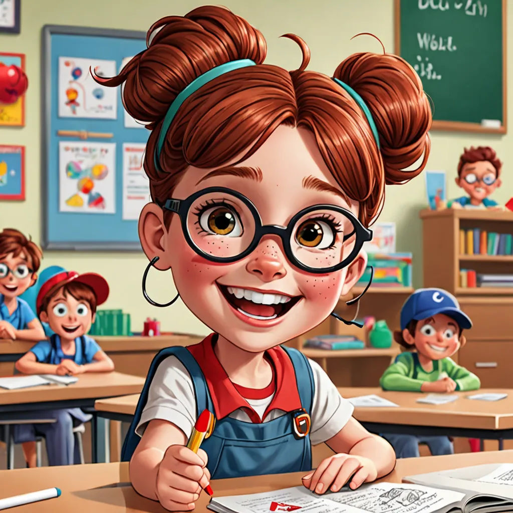 a cartoon girl with glasses and a pencil in her hand in a classroom with other children in the background, Brigette Barrager, paris school, a storybook illustration, highly detailed digital painting