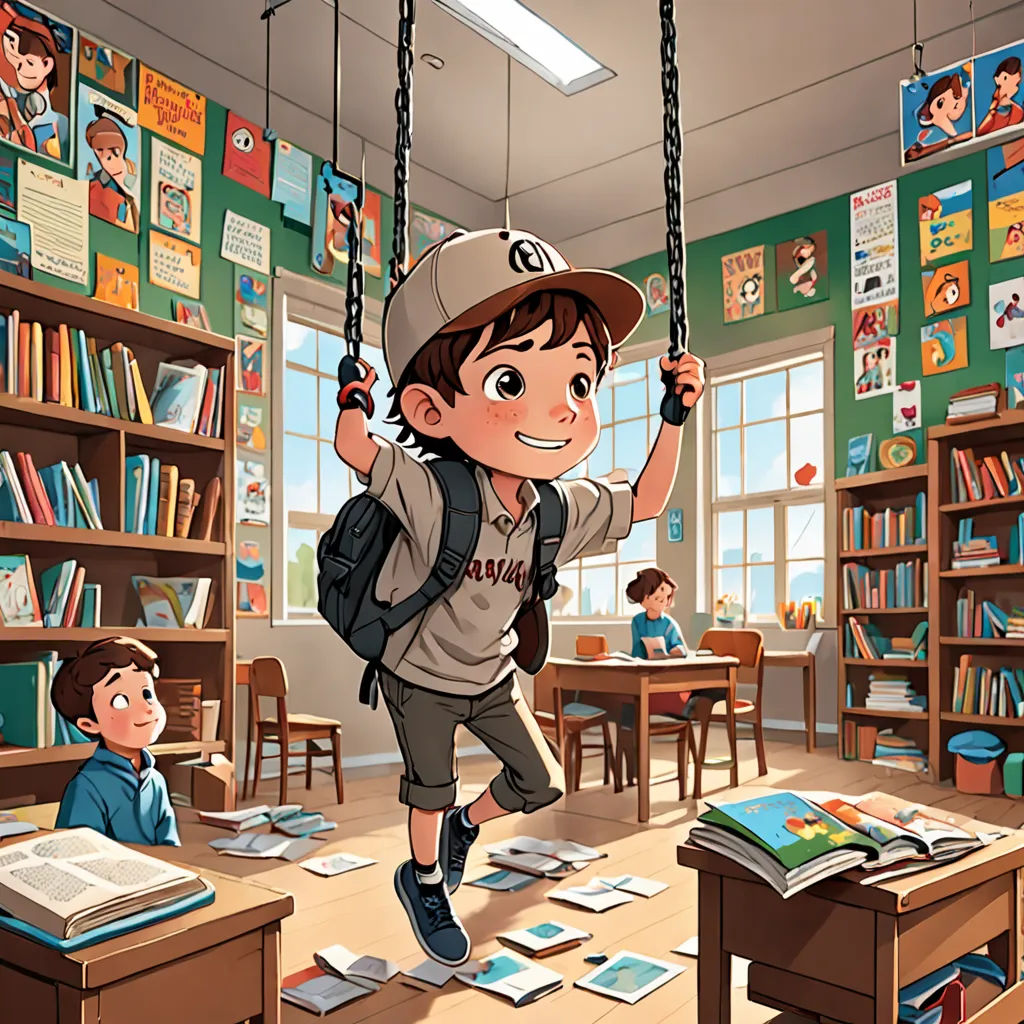 a boy swinging on a book shelf in a library with a bookcase and a boy sitting on a chair, Aaron Jasinski, fantasy art, a storybook illustration, storybook illustration