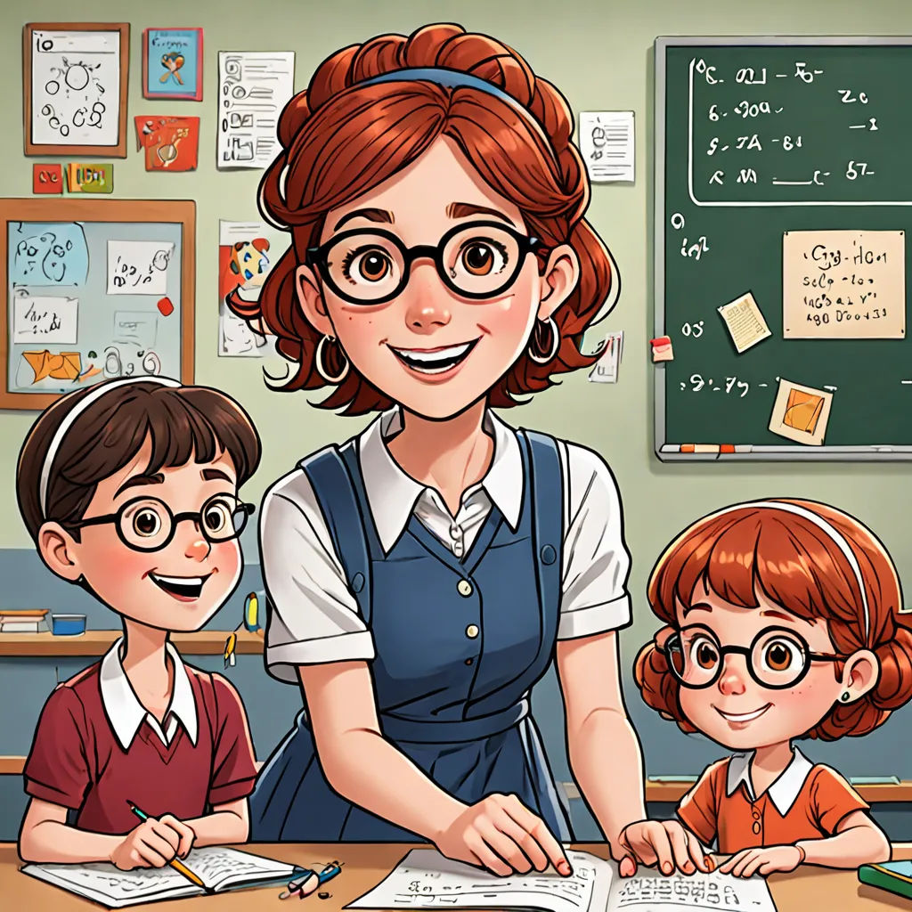 a teacher and two children are doing homework in a classroom with a chalkboard and chalkboard on the wall, Claire Falkenstein, academic art, a storybook illustration, comic cover art