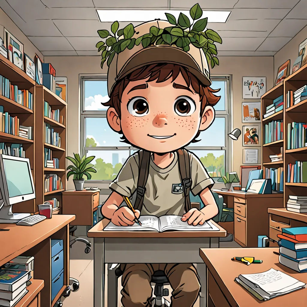 a boy sitting at a desk with a book and a computer in a library with bookshelves and a computer, Diego Gisbert Llorens, northwest school, a storybook illustration, official art