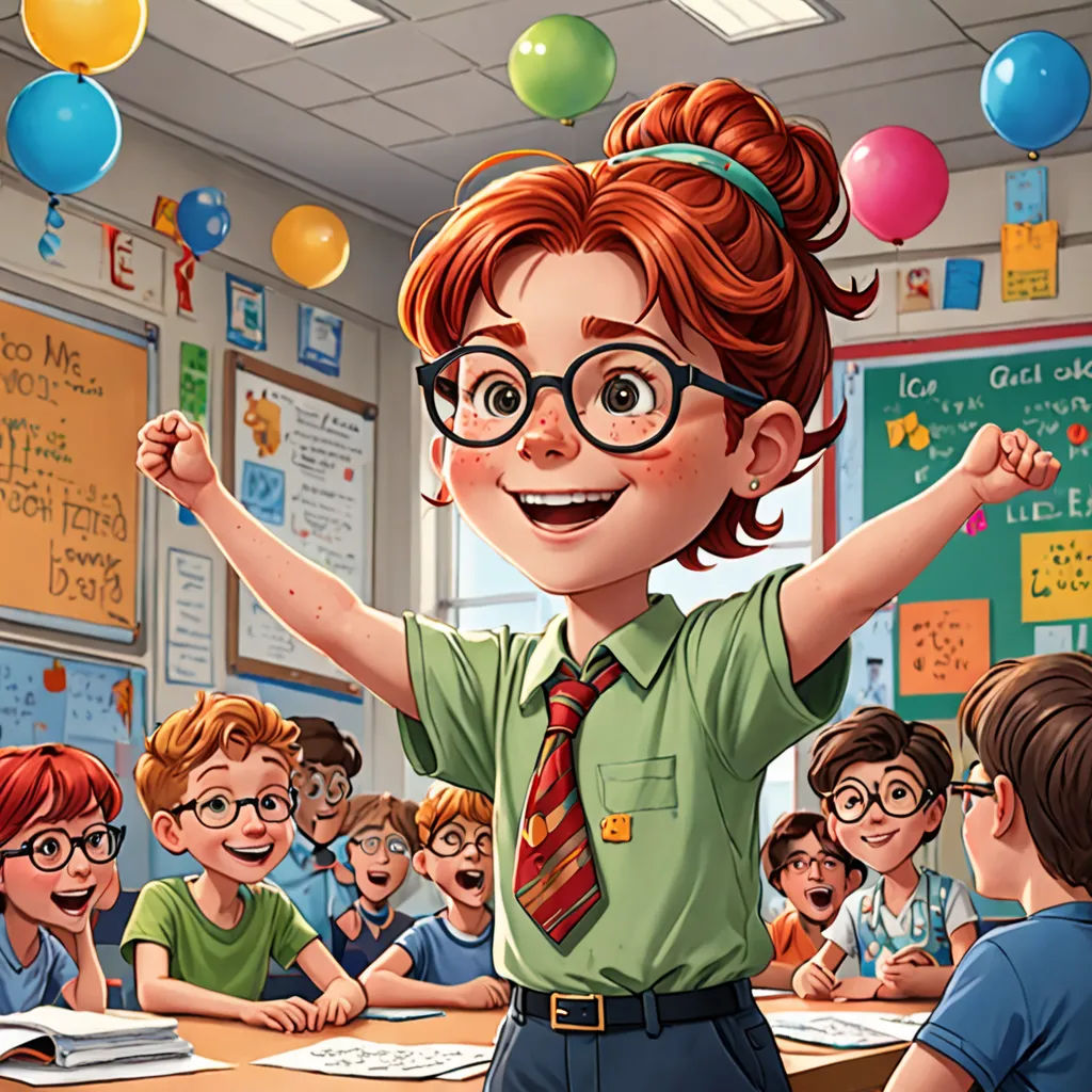 a cartoon of a girl in a classroom with balloons and balloons in the air above her head, and a group of children in the classroom, Ada Gladys Killins, american scene painting, a storybook illustration, professional digital painting