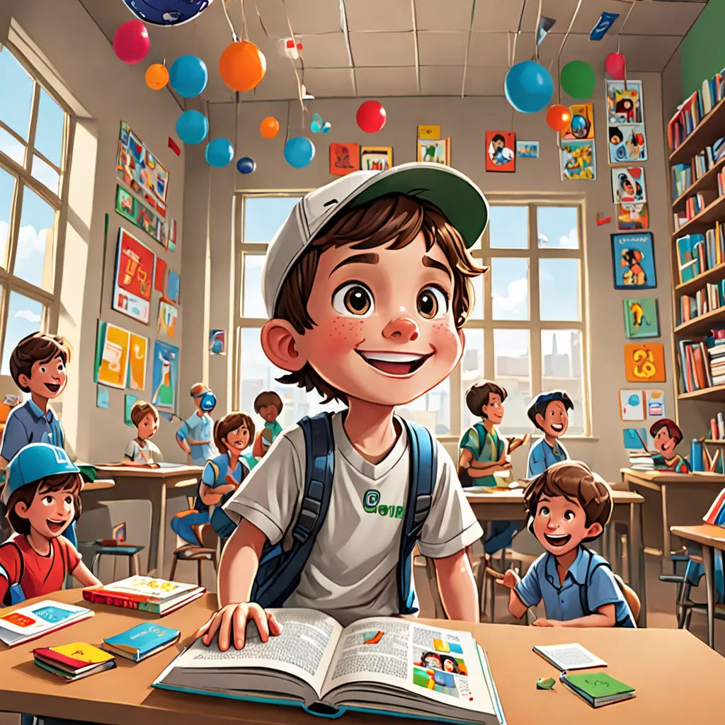 a boy is reading a book in a classroom with other children in the background and balloons hanging from the ceiling, Diego Gisbert Llorens, paris school, a storybook illustration, behance hd