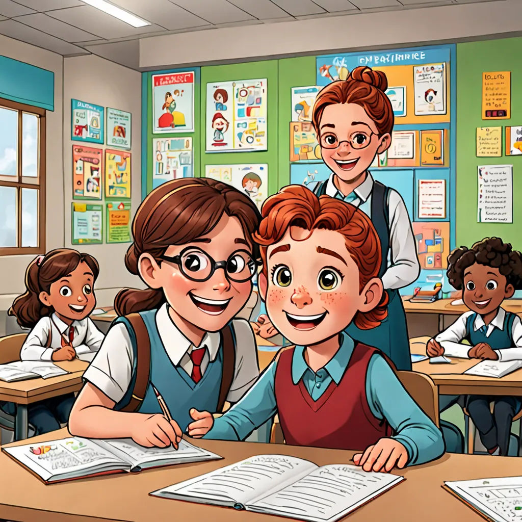 a group of children sitting at desks in a classroom with teacher and teacher in the background with a book, Diego Gisbert Llorens, danube school, a storybook illustration, official art