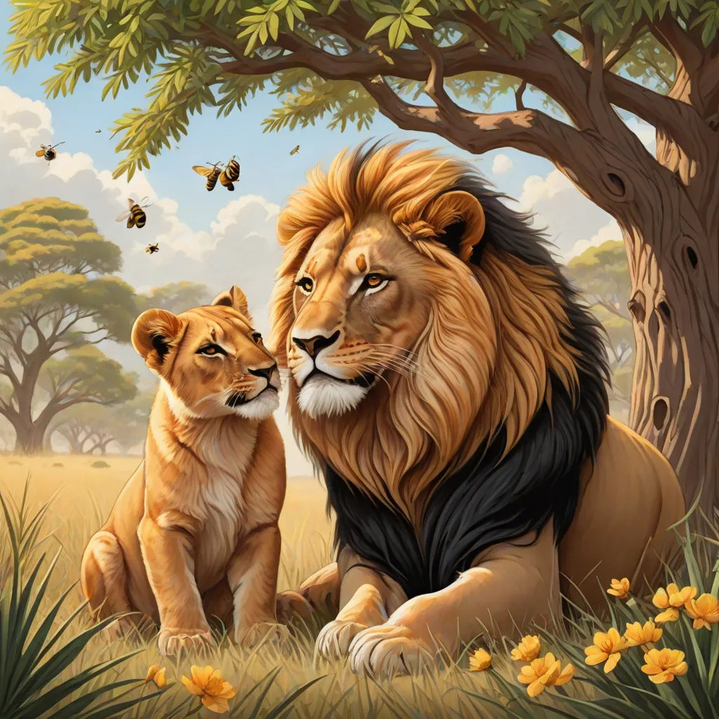 a lion and a cub sitting in the grass under a tree with bees flying around them and a butterfly flying overhead, Chris LaBrooy, fantasy art, an oil painting, highly detailed digital painting