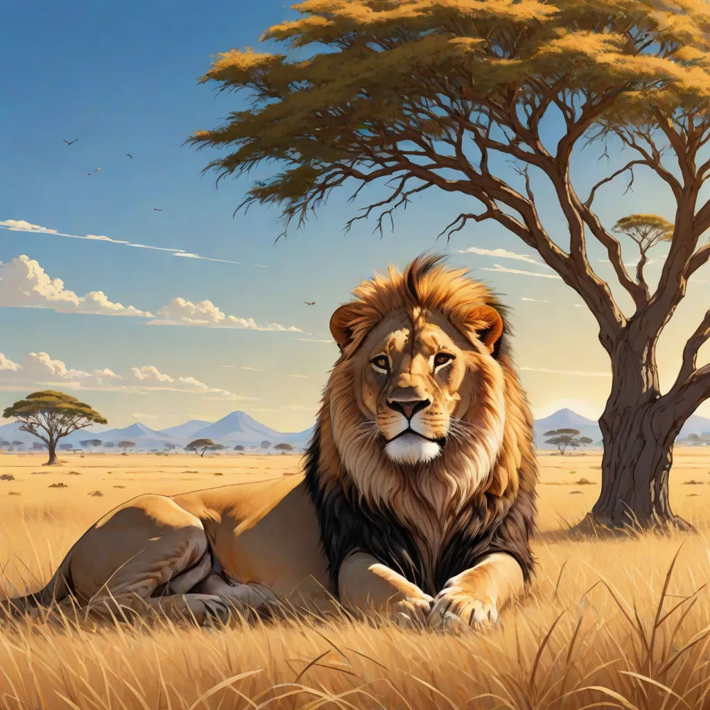 a painting of a lion laying in the grass next to a tree and a tree with a sky background, Chris LaBrooy, fantasy art, an airbrush painting, highly detailed digital painting