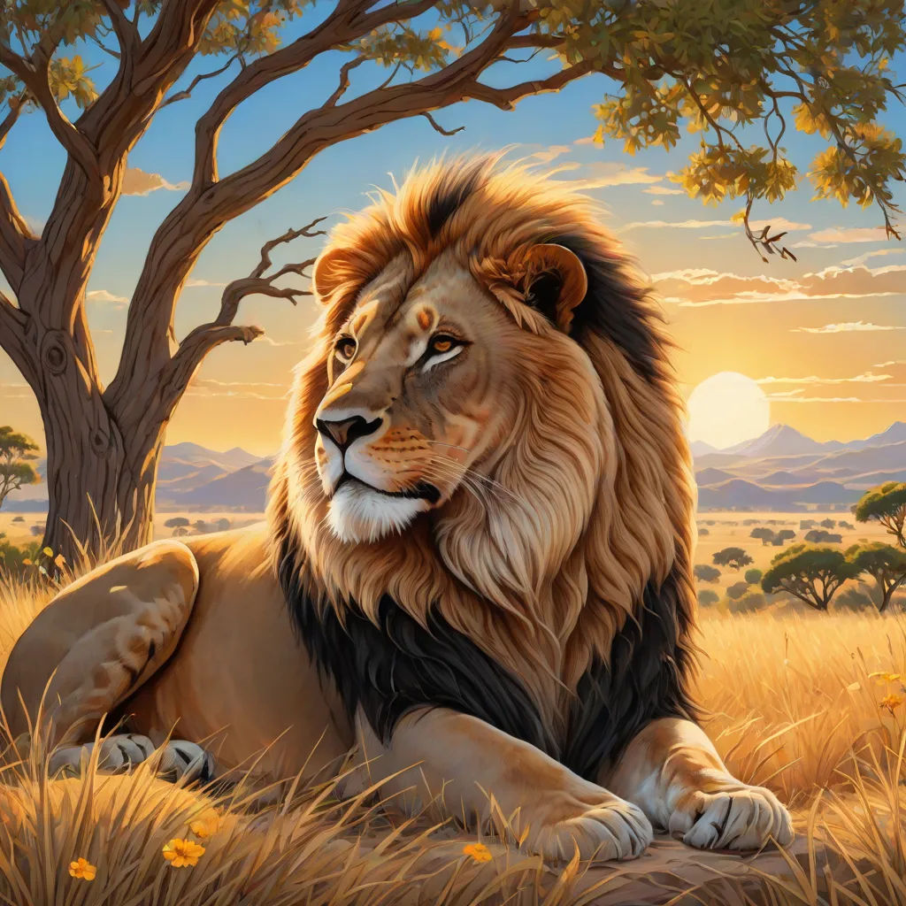 a painting of a lion laying in the grass under a tree with a sunset in the background and a tree with a few leaves, Chris LaBrooy, fantasy art, an airbrush painting, highly detailed digital painting
