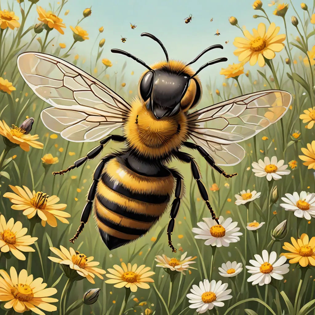 a painting of a bee in a field of daisies and daisies with bees flying around it and a blue sky in the background, Chris LaBrooy, furry art, a storybook illustration, highly detailed digital painting