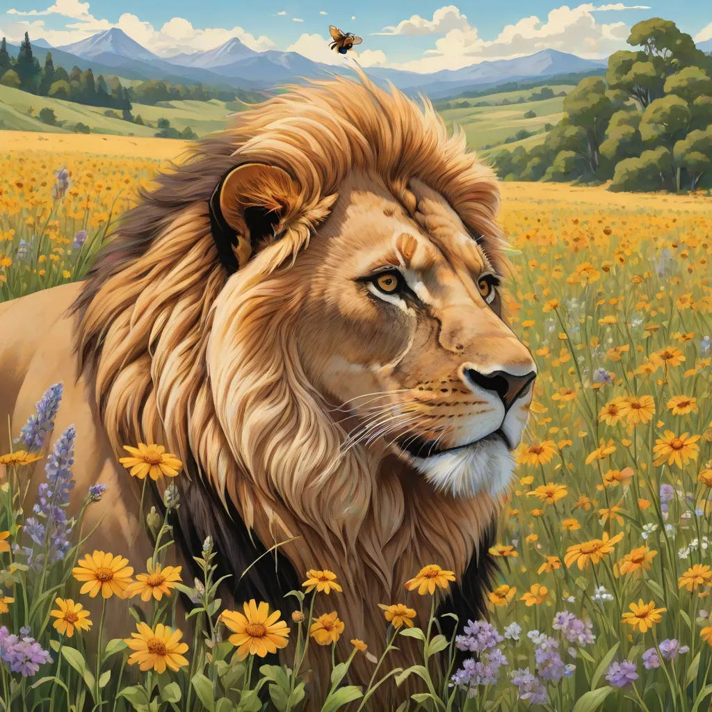 a painting of a lion in a field of flowers and a bee flying over it's head,, Chris LaBrooy, fantastic realism, an oil painting, highly detailed digital painting