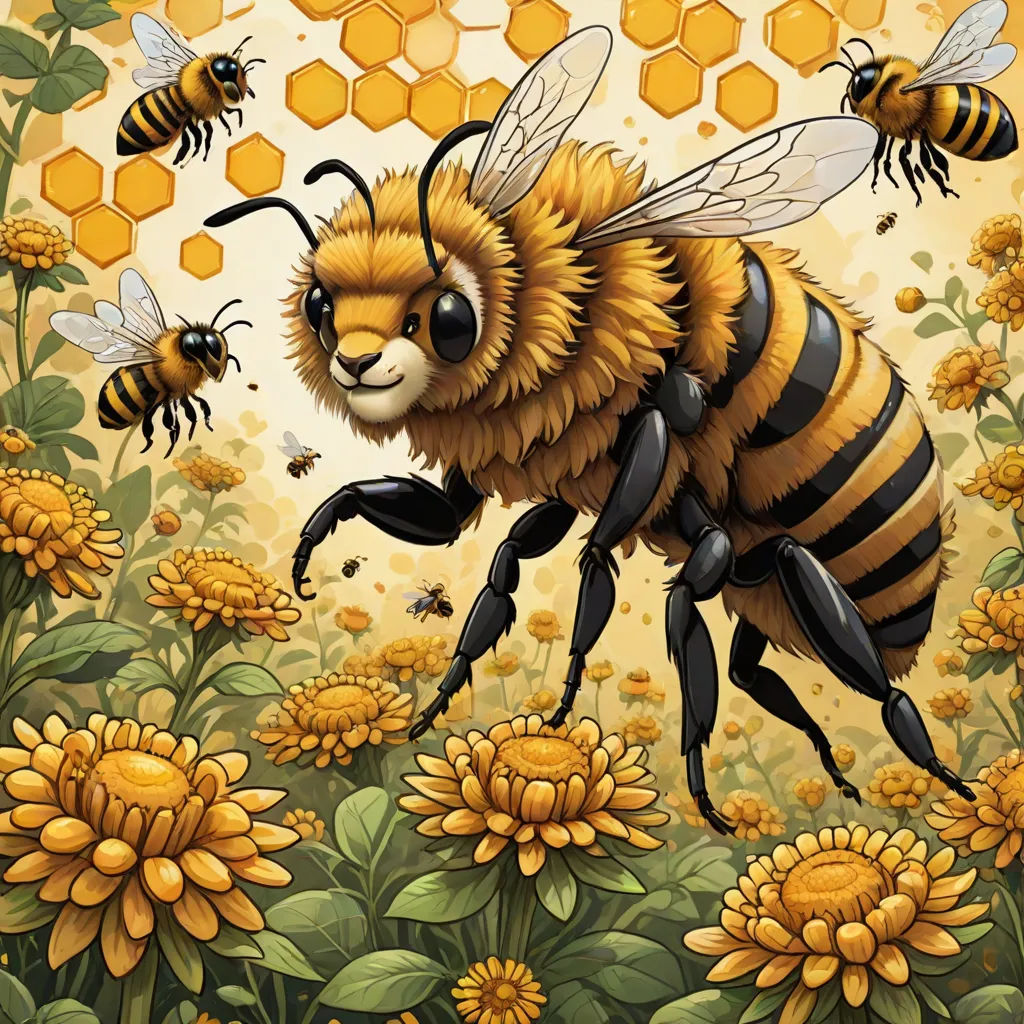 a painting of a bee flying over a field of flowers and bees with honeycombs in the background, Dan Mumford, furry art, a storybook illustration, josan gonzales and dan mumford