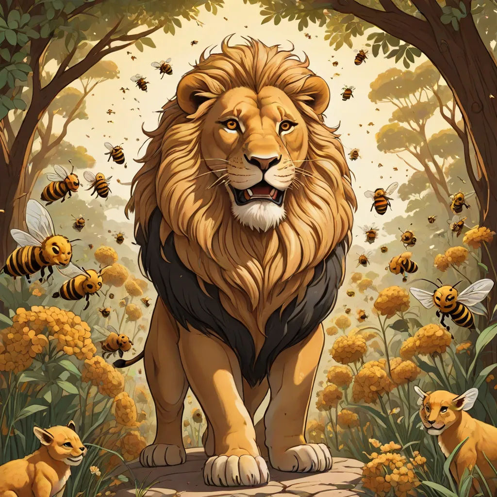 a lion standing in a forest with bees flying around it and a lion cub sitting on a rock in front of it, Chris LaBrooy, furry art, an album cover, official art