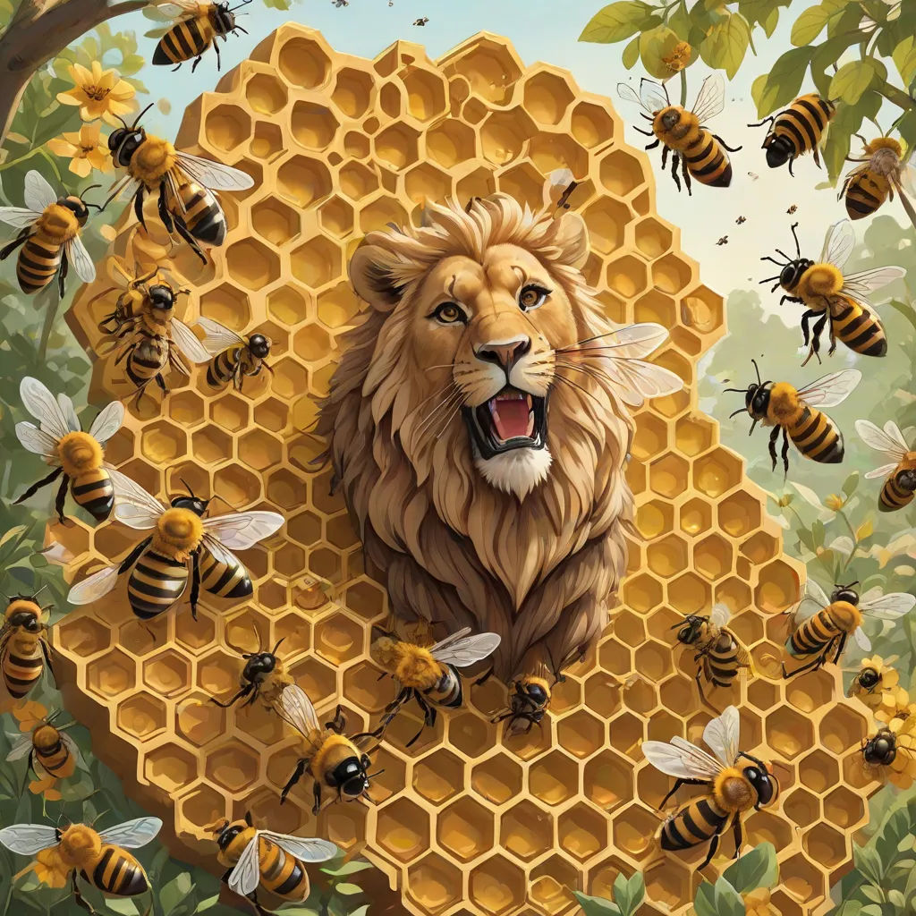 a lion and bees on a honeycomb with a background of honeycombs and trees and leaves, with a blue sky, Chris LaBrooy, pop surrealism, a detailed painting, highly detailed digital painting