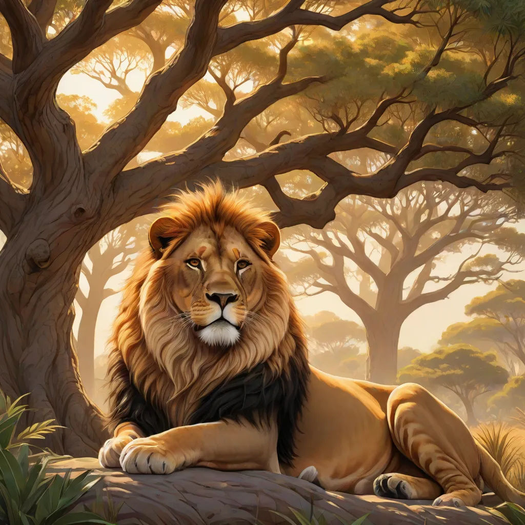 a painting of a lion laying in the grass under a tree with a sunset in the background and a few trees, Chris LaBrooy, fantasy art, an airbrush painting, majestic