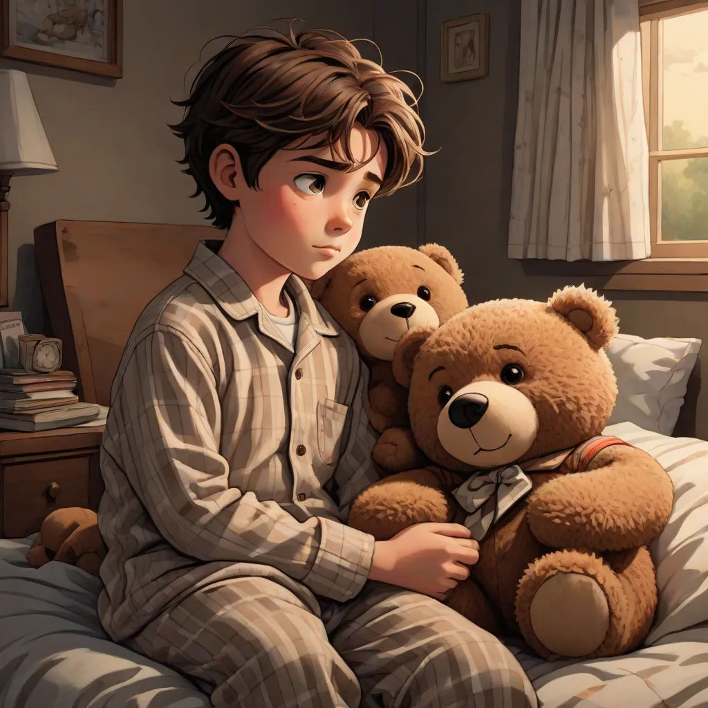 a boy sitting on a bed with a teddy bear in his lap and a window behind him, with a lamp on, a storybook illustration, Alejandro Burdisio, figurative art, cgstudio