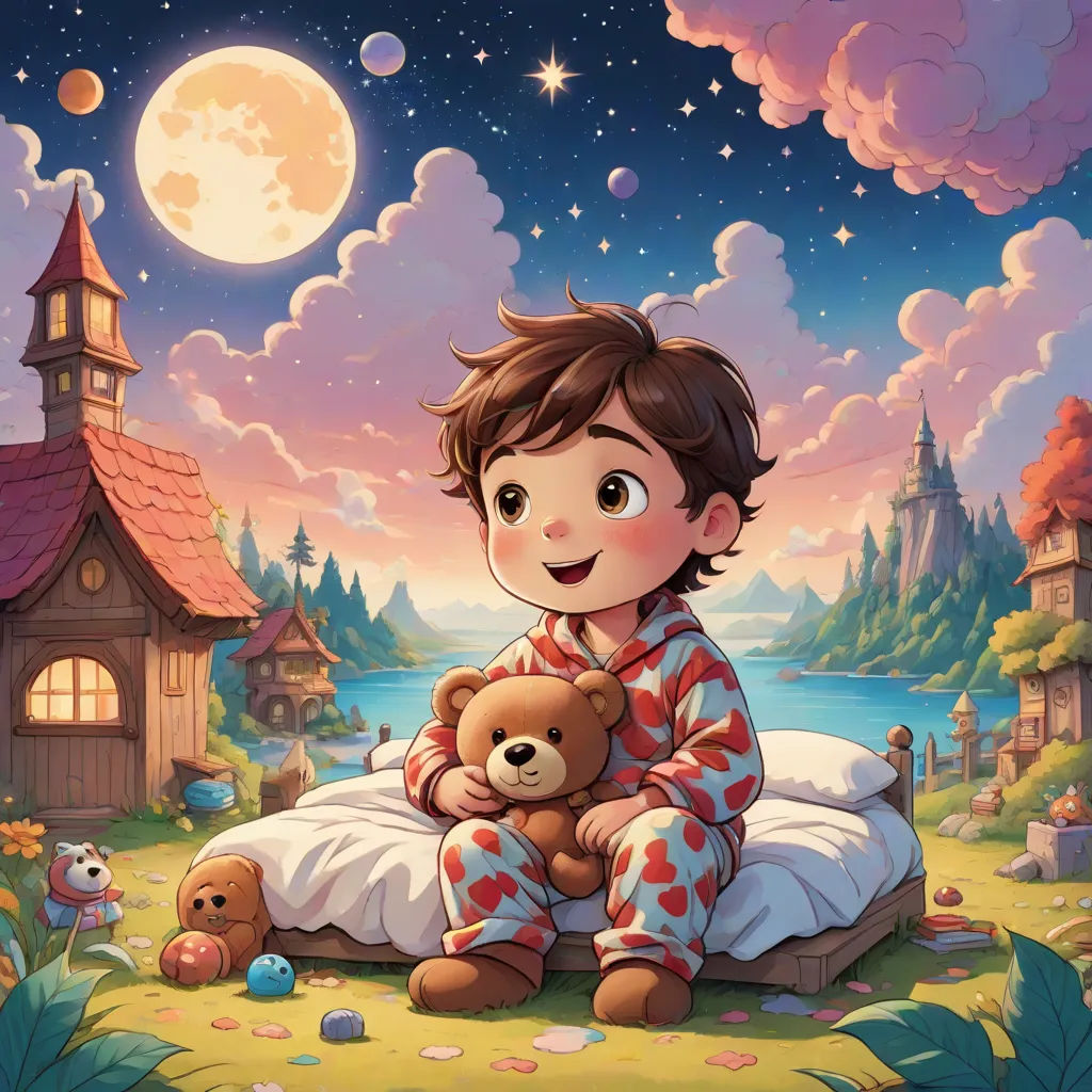 a boy sitting on a bed holding a teddy bear in front of a night sky with a full moon, a storybook illustration, Diego Gisbert Llorens, fantasy art, storybook illustration