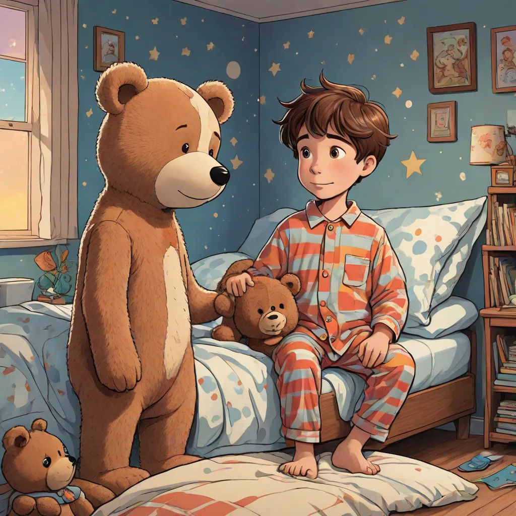 a boy sitting on a bed with a teddy bear and another teddy bear standing up in front of him, a storybook illustration, Arthur Pan, magical realism, storybook illustration