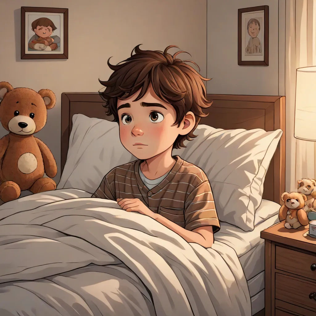 a boy sitting in bed with a teddy bear next to him and a teddy bear on the nightstand next to him, a storybook illustration, Diego Gisbert Llorens, photorealism, storybook illustration