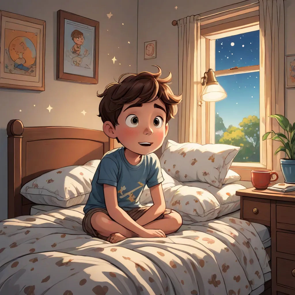 a boy sitting on a bed in a bedroom with a window and a plant in the corner of the room, a storybook illustration, Aaron Jasinski, sots art, rossdraws global illumination
