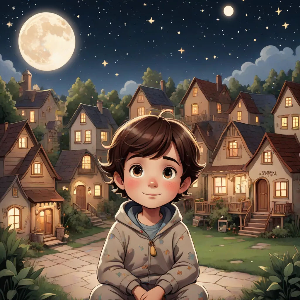 a boy sitting on a stone path in front of a house with a full moon in the sky above, a storybook illustration, Diego Gisbert Llorens, magical realism, storybook illustration