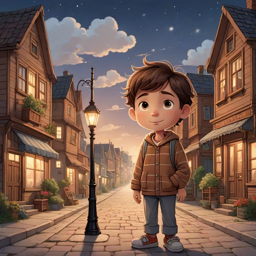 a boy standing in front of a street light in a cartoon style with a sky background and a street light in the foreground, a storybook illustration, Diego Gisbert Llorens, magical realism, storybook illustration