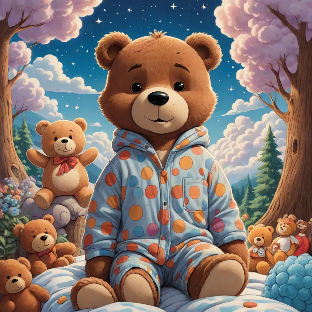 a painting of a teddy bear sitting on a bed with other teddy bears in the background and a night sky with stars, a storybook illustration, Chris LaBrooy, pop surrealism, kinkade