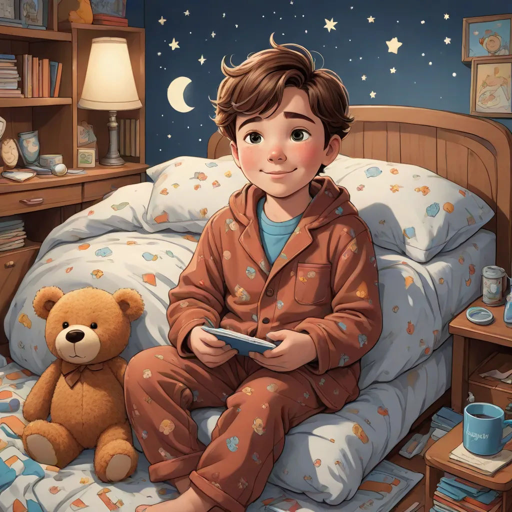 a boy in pajamas sitting on a bed with a teddy bear and a night sky background with stars and moon, a storybook illustration, Bob Byerley, photorealism, storybook illustration