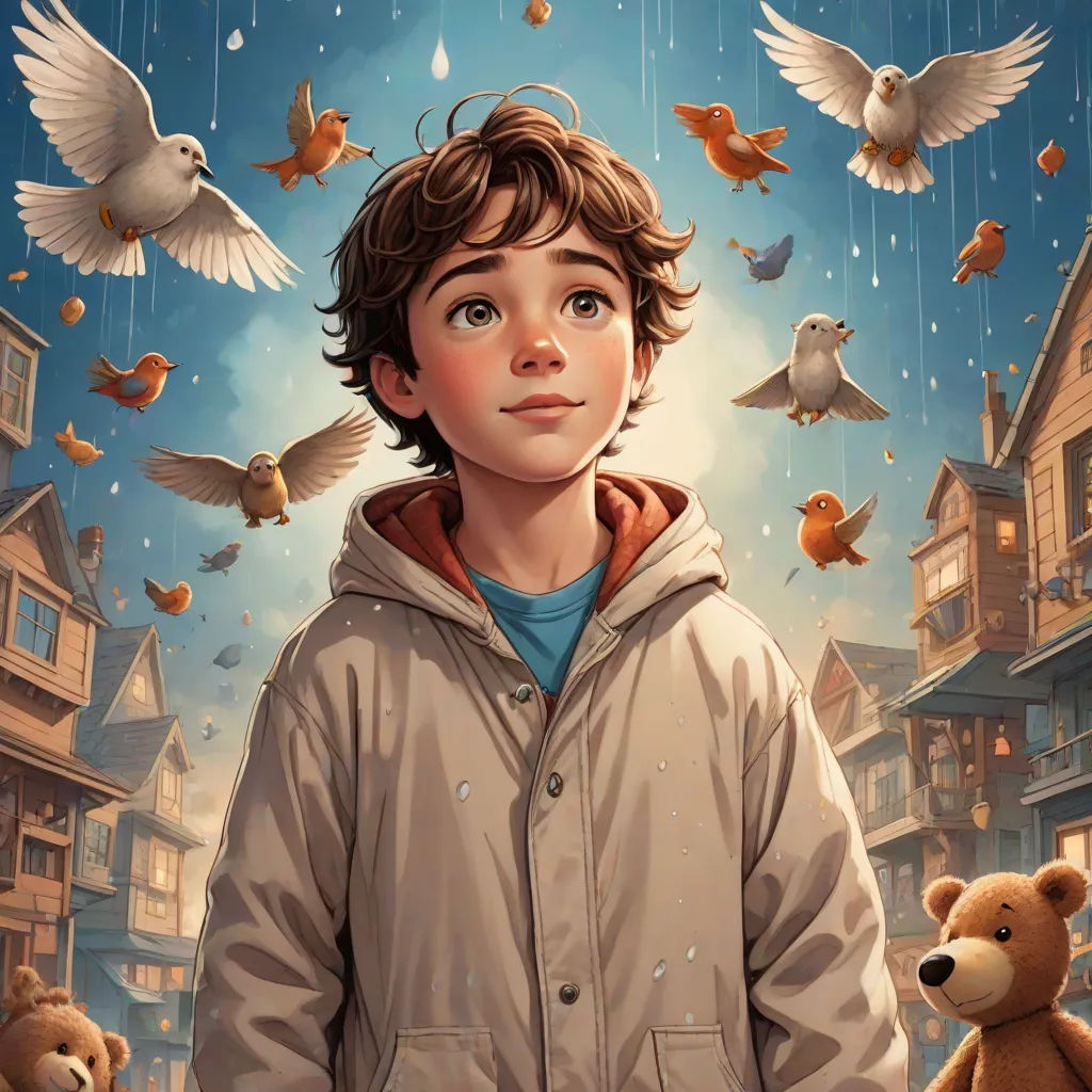 a boy standing in front of a bunch of birds flying over him and a teddy bear in front of him, a storybook illustration, Aaron Jasinski, magical realism, comic cover art