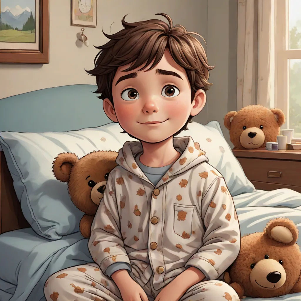 a boy sitting on a bed with two teddy bears in front of him and a window behind him with a sky blue curtain, a storybook illustration, Diego Gisbert Llorens, photorealism, kinkade