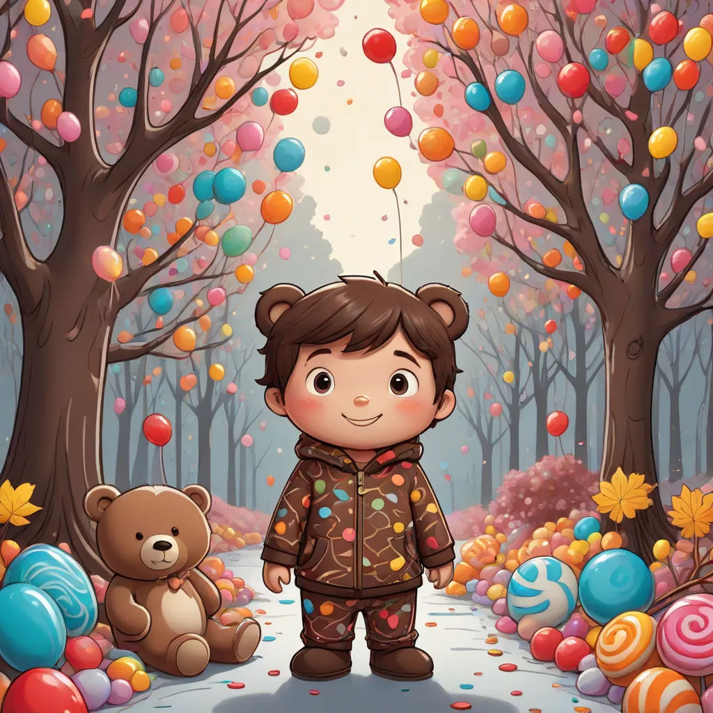 a boy standing in the middle of a forest with balloons and a teddy bear in front of him and a forest with balloons, a storybook illustration, Diego Gisbert Llorens, pop surrealism, highly detailed digital painting