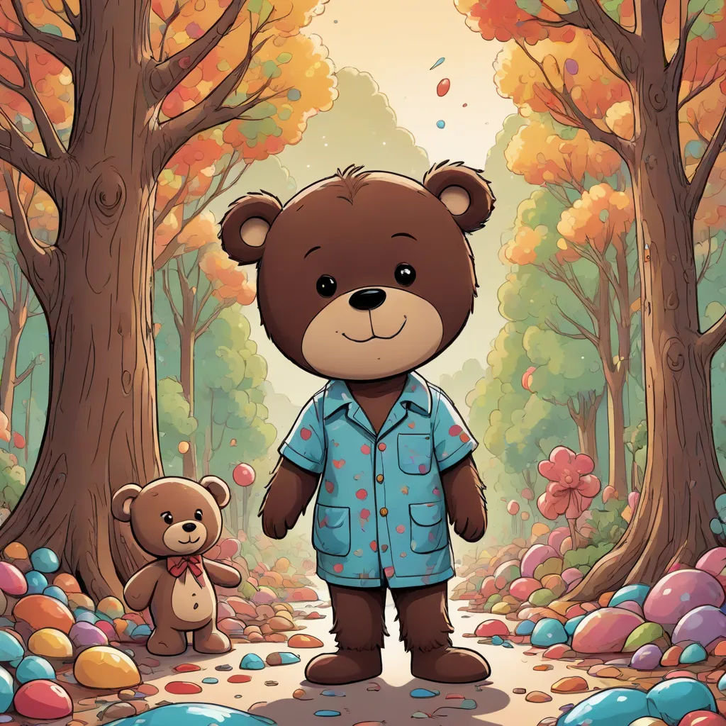 a teddy bear standing in a forest with a teddy bear next to it, with a fall scene behind it, a storybook illustration, Dan Mumford, lowbrow, josan gonzales and dan mumford