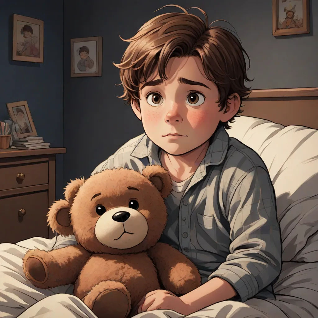 a boy sitting in bed with a teddy bear in his lap and a picture of him on the wall, a storybook illustration, Aaron Jasinski, shock art, cgstudio