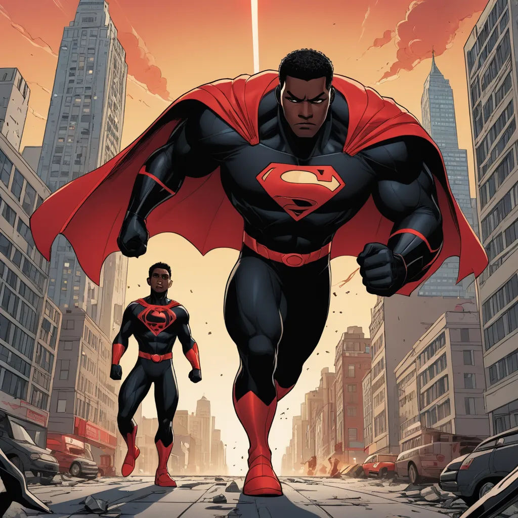 a man in a red cape and a black man in a black suit are standing in a city street, superflat, a comic book panel, Everett Warner, comic cover art