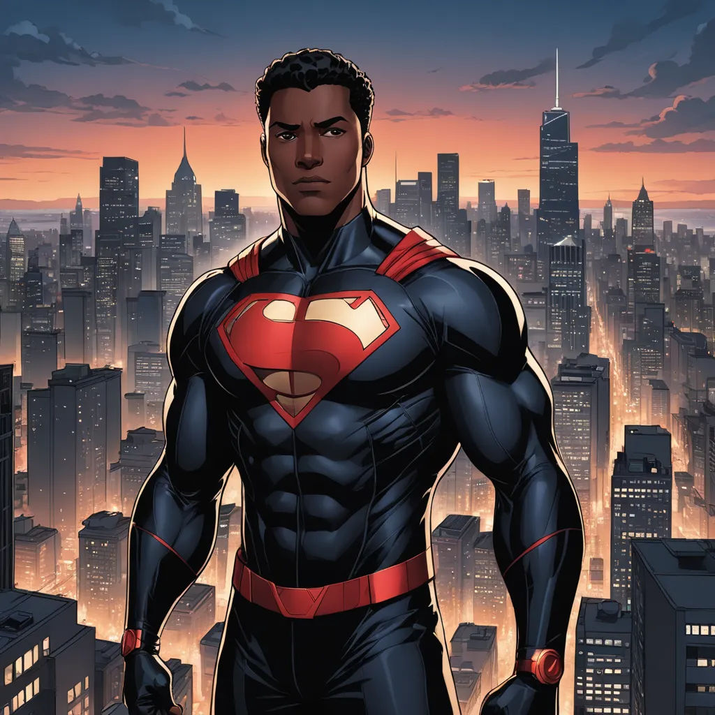 a man in a superman suit standing in front of a cityscape at sunset with a city skyline in the background, afrofuturism, a comic book panel, Everett Warner, comic cover art