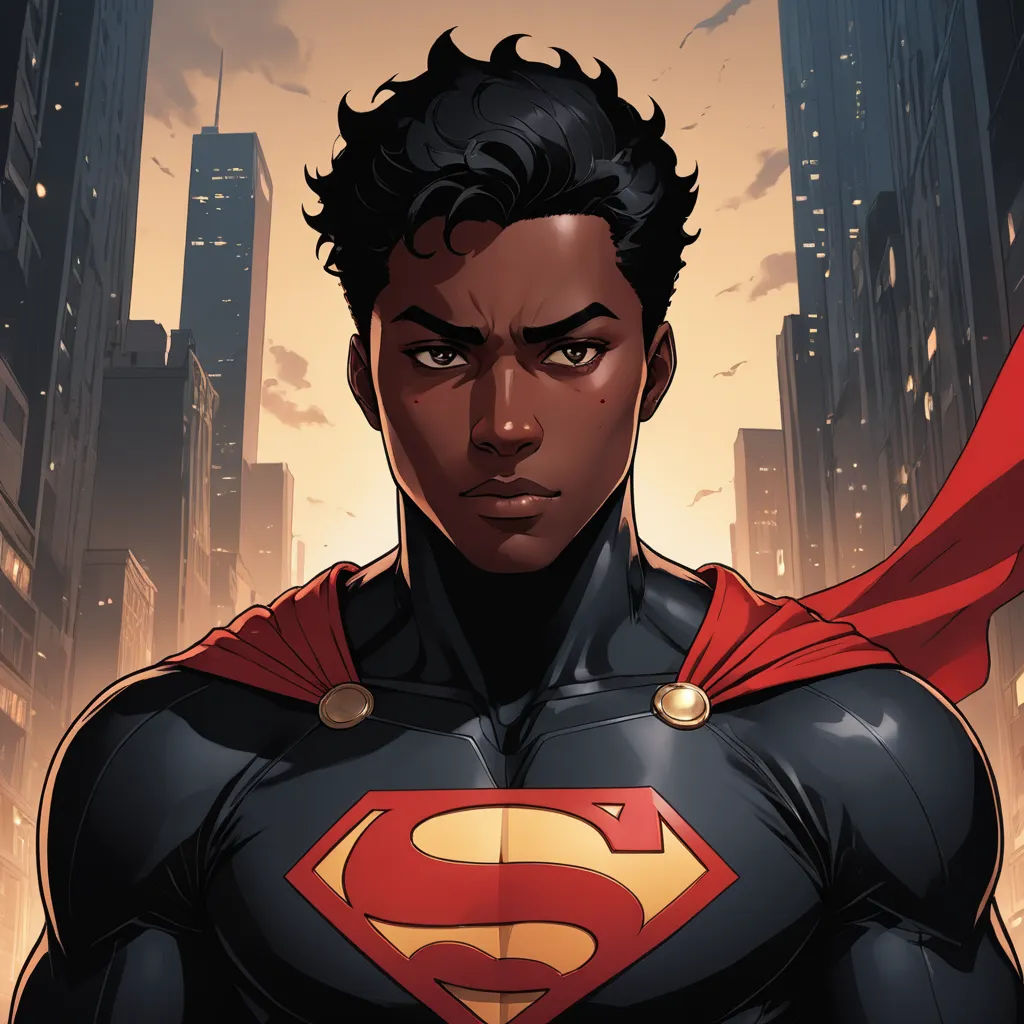a man in a superman suit standing in front of a city skyline with a red cape on his shoulders, harlem renaissance, a comic book panel, Everett Warner, comic cover art